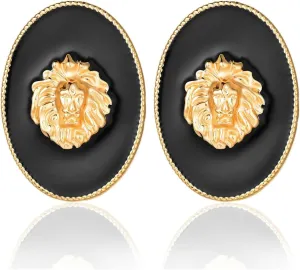 Gold-Plated Oval Lion Head Stud Earrings for Women Black Enamel Hip Hop Animal Basketball Wives Party Cocktail Nightclub Jewelry