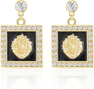 Gold-Plated Square Lion Drop Stud Earrings Women's Crystal Lion Party Cocktail Jewelry