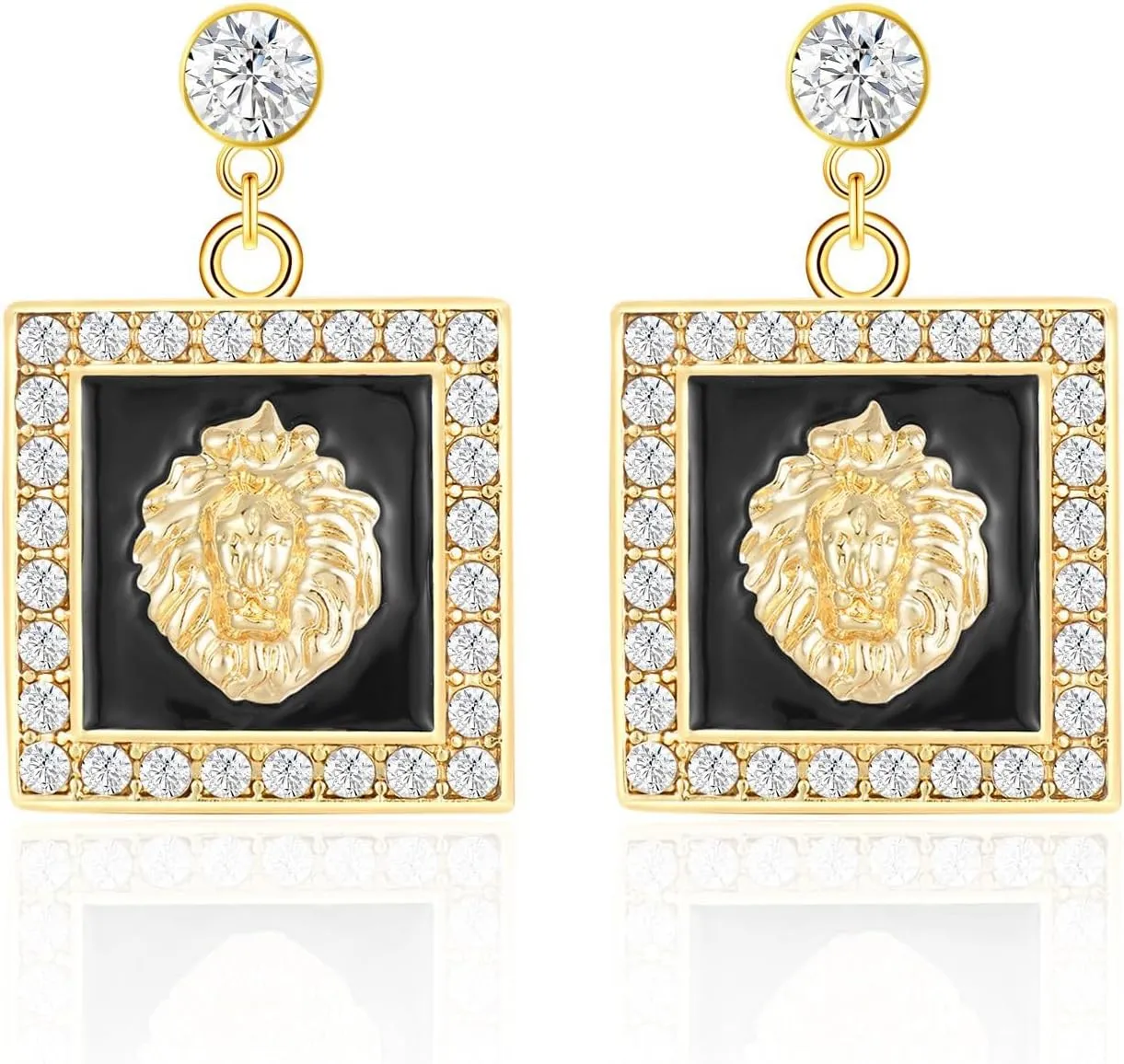 Gold-Plated Square Lion Drop Stud Earrings Women's Crystal Lion Party Cocktail Jewelry