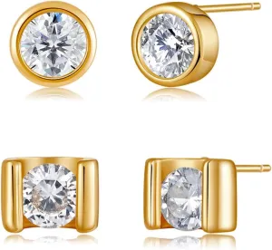 Gold Stud Earrings for Women 2 Pairs Diamond Stud Earrings Set Non Tarnish Dainty 18K Gold Plated Cubic Zirconia Stud Earrings Pack Stack Jewelry Gift Trendy Jewelry