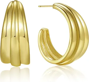 Gold Triple Hoop Earrings | Lightweight Triple Hoops 1 1/2'' | Simple Textured Bold C-Hoops for Women