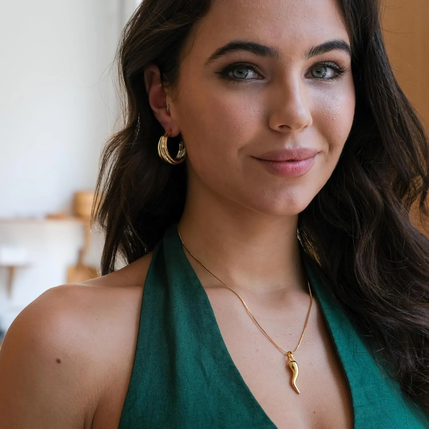 Gold Triple Hoop Earrings | Lightweight Triple Hoops 1 1/2'' | Simple Textured Bold C-Hoops for Women
