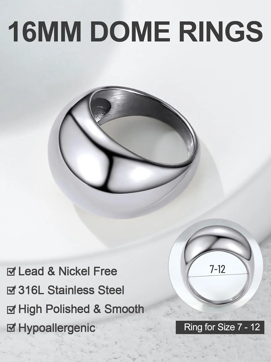 GOLDCHIC JEWELRY Chunky Dome Ring for Women, Stainless Steel Bold Stacking Croissant Statement Ring For Men (Size 7-12, Custom)