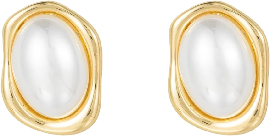Gold/Silver Pearl Stud Earrings for Women Trendy, Geometric Hypoallergenic Statement Earrings Chunky Big Pearl Vintage Jewelry Gift for Women