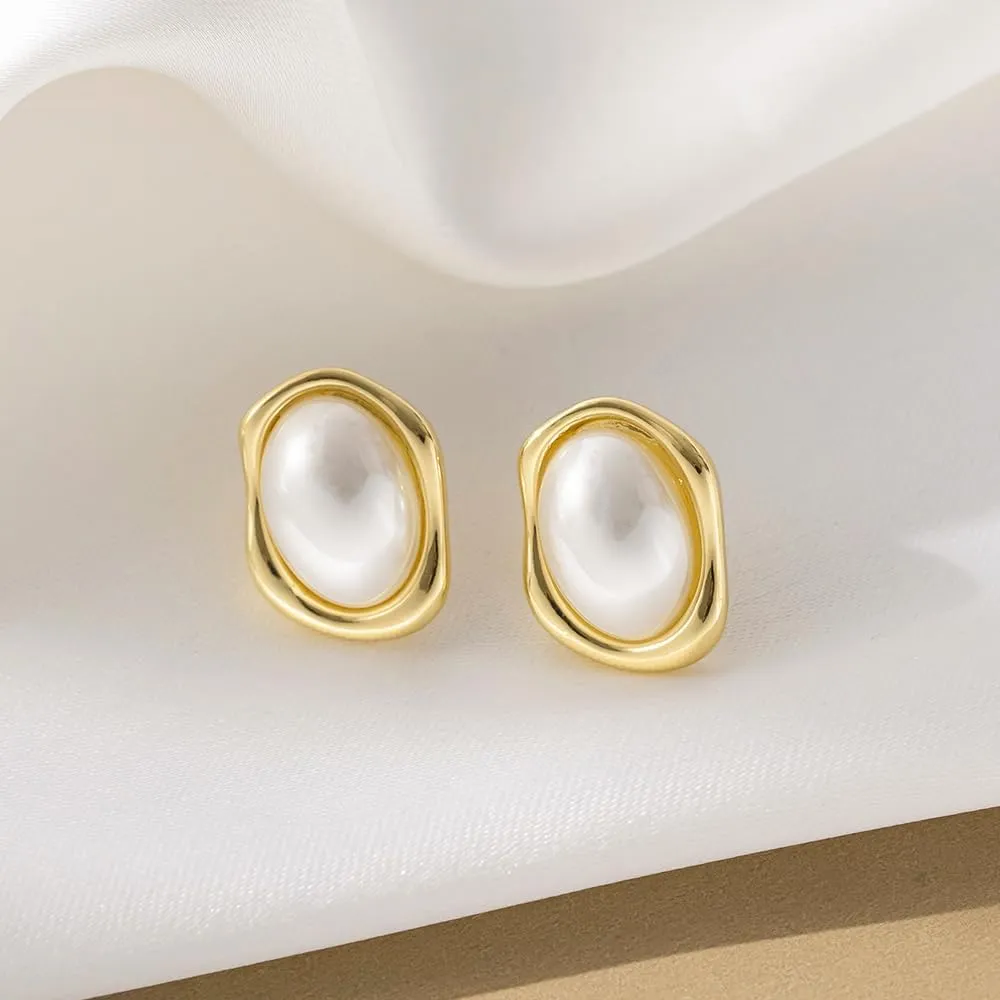 Gold/Silver Pearl Stud Earrings for Women Trendy, Geometric Hypoallergenic Statement Earrings Chunky Big Pearl Vintage Jewelry Gift for Women