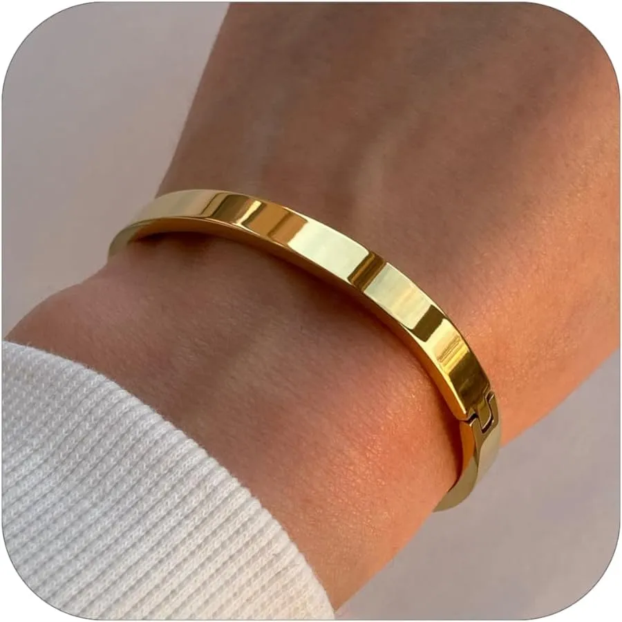 Gold/Silver/Black Bangle Bracelets for Women, 18K Gold Plated Oval Bangles Gold Bracelet for Women Trendy, Stackable Friendship Bracelets Love Bracelet Bangle Christmas Birthday Gifts