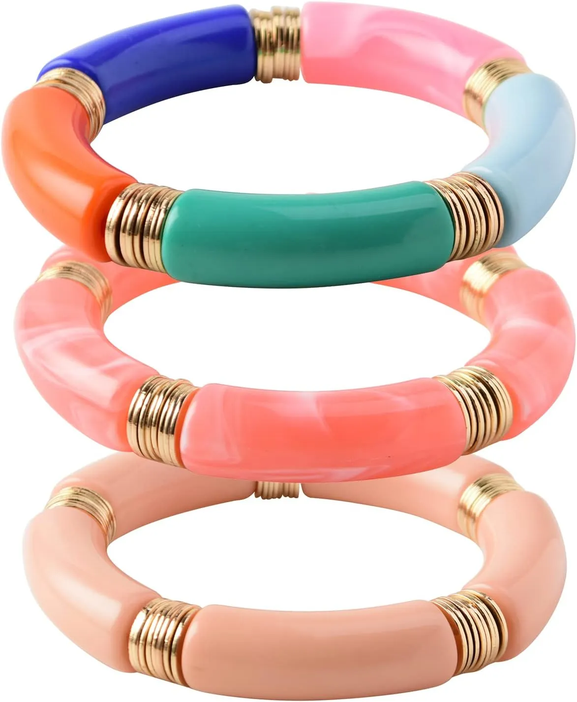 GOOJIDS Simple Beaded Gold Bangles Bracelet Chunky Bamboo Tube Curved Stacking Clear Acrylic Colorful Beads Stretchable Gold Bracelets Set For Women