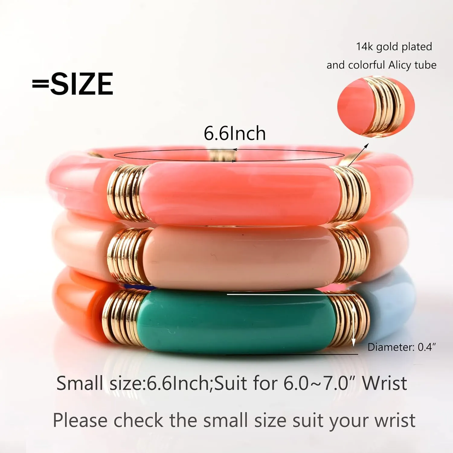 GOOJIDS Simple Beaded Gold Bangles Bracelet Chunky Bamboo Tube Curved Stacking Clear Acrylic Colorful Beads Stretchable Gold Bracelets Set For Women