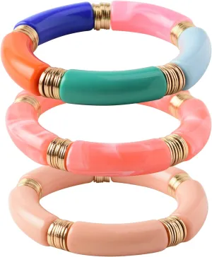 GOOJIDS Simple Beaded Gold Bangles Bracelet Chunky Bamboo Tube Curved Stacking Clear Acrylic Colorful Beads Stretchable Gold Bracelets Set For Women