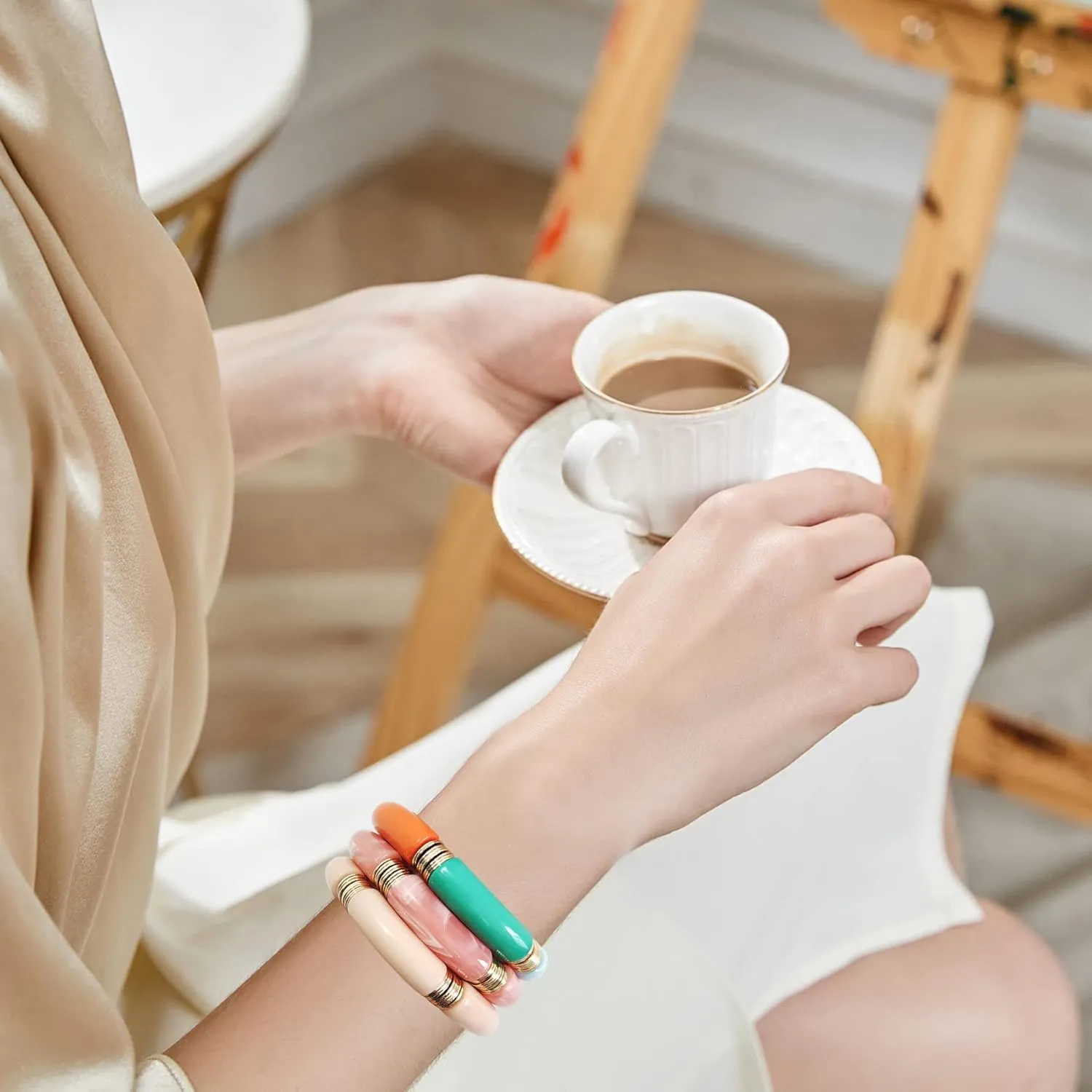 GOOJIDS Simple Beaded Gold Bangles Bracelet Chunky Bamboo Tube Curved Stacking Clear Acrylic Colorful Beads Stretchable Gold Bracelets Set For Women