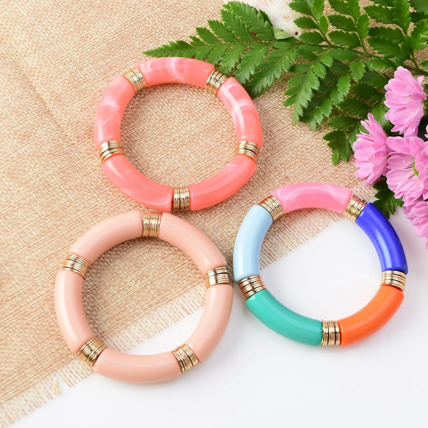 GOOJIDS Simple Beaded Gold Bangles Bracelet Chunky Bamboo Tube Curved Stacking Clear Acrylic Colorful Beads Stretchable Gold Bracelets Set For Women