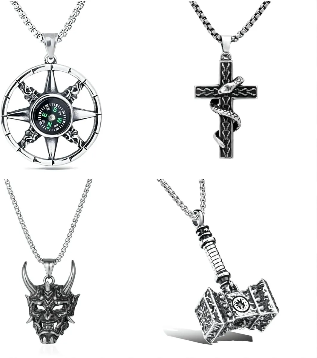 Gothic Punk Necklace 4-piece Cross Mysterious Japanese Ghost samurai Thor Hammer Compass Pendant with 23.6-inch stainless steel chain