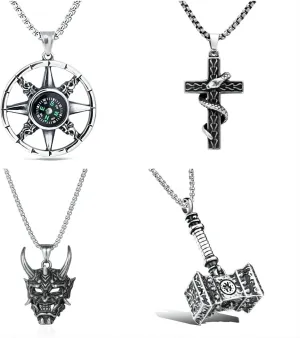 Gothic Punk Necklace 4-piece Cross Mysterious Japanese Ghost samurai Thor Hammer Compass Pendant with 23.6-inch stainless steel chain