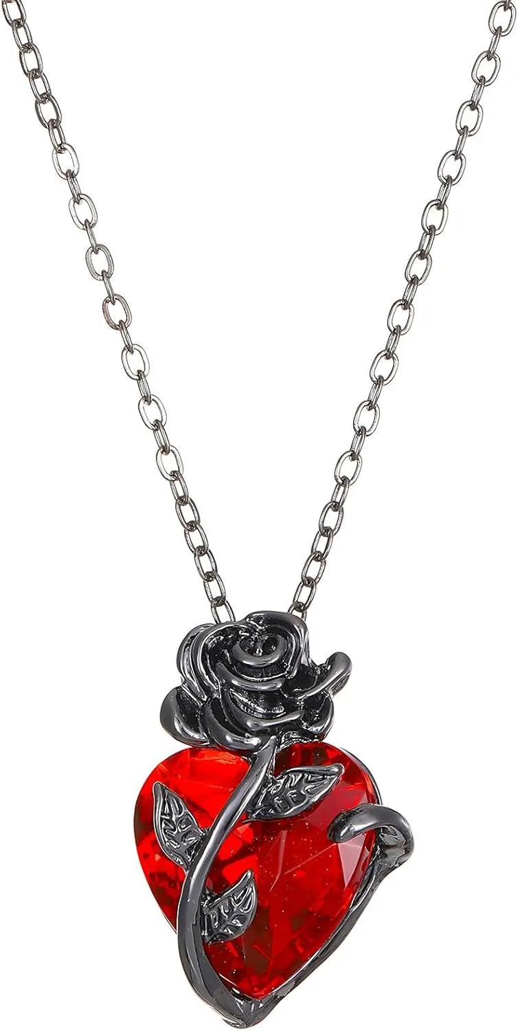 Gothic Ruby Heart Rose Pendant Necklace Gothic Plated Black Nail Cross Rose Pendant Necklace Dainty Heart Shaped Twist Flower Clavicle Chain Necklace Jewelry for Women