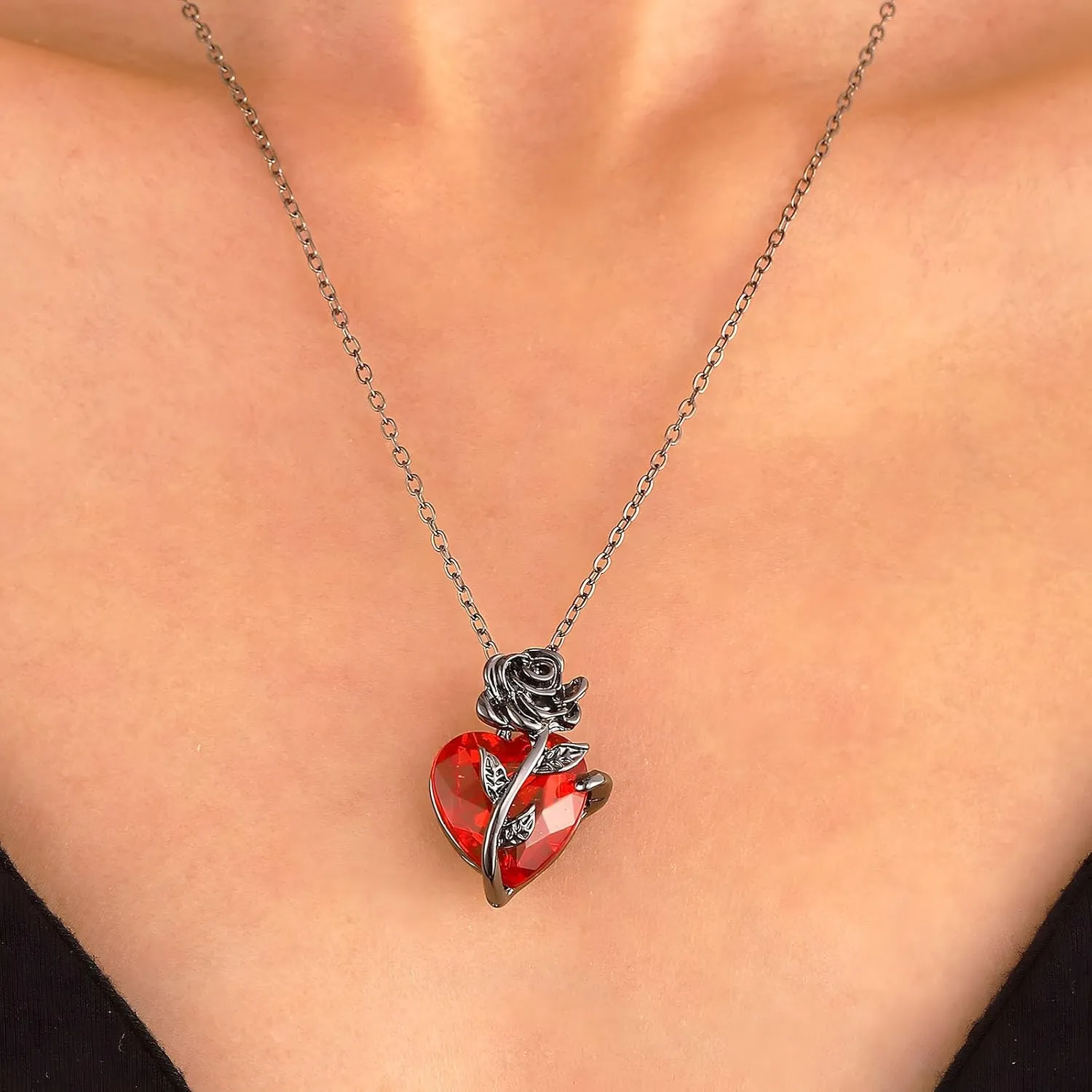 Gothic Ruby Heart Rose Pendant Necklace Gothic Plated Black Nail Cross Rose Pendant Necklace Dainty Heart Shaped Twist Flower Clavicle Chain Necklace Jewelry for Women