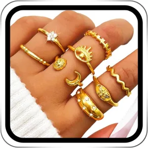 GRAEEN Vintage Stackable Finger Ring Set Gold Rhinestone Knuckle Rings Moon Star Jewelry Ring for Women(Style A)