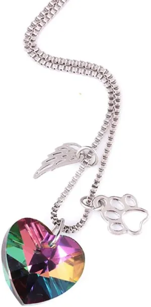 Guardian Angel Wings Hollow Cat Dog Puppy Print Claw Heart Colorful Glass Pendant Necklace Crystal Rainbow Pendants Paw For Lover Wedding Valentine's Day Gift