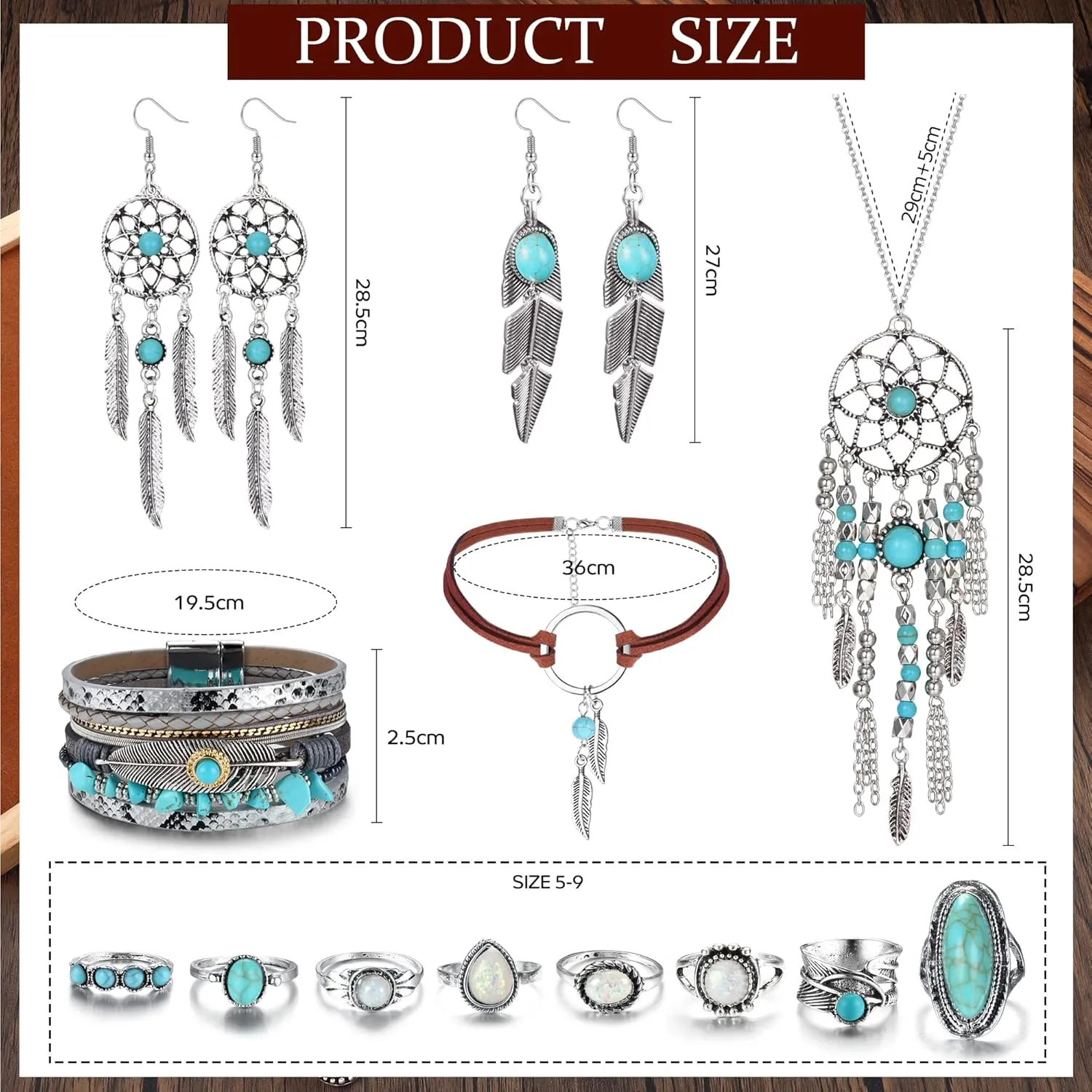 HAIAISO Western Jewelry For Women Turquoise Pendant Necklace Western Drop Dangle Earrings Turquoise Faux Leather Layered Bracelets Boho Knuckle Rings Set Bohemian Turquoise Jewelry Set