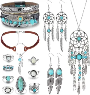 HAIAISO Western Jewelry For Women Turquoise Pendant Necklace Western Drop Dangle Earrings Turquoise Faux Leather Layered Bracelets Boho Knuckle Rings Set Bohemian Turquoise Jewelry Set