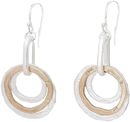 Halo Drop Earrings Medium Cutout Disc Rings Earrings Two tone three Hammered Thread Wrapped Circle Hoop Earrings