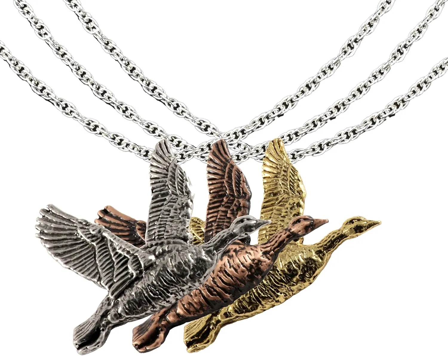 Handcrafted Bird Pendant Gift - Goose, Duck, Pheasant, Quail, Turkey, Eagle, Peregrine Falcon, Own, Heron, Rooster, Hummingbird, Cardinal, Swallow - Pewter, Copper, Gold - 24 Inch Chain - Made in USA