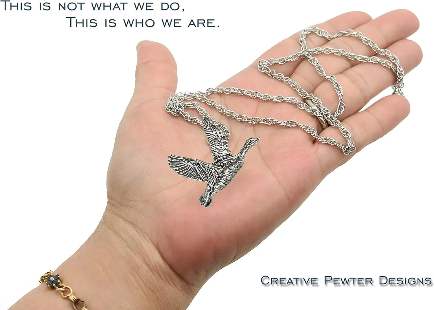 Handcrafted Bird Pendant Gift - Goose, Duck, Pheasant, Quail, Turkey, Eagle, Peregrine Falcon, Own, Heron, Rooster, Hummingbird, Cardinal, Swallow - Pewter, Copper, Gold - 24 Inch Chain - Made in USA