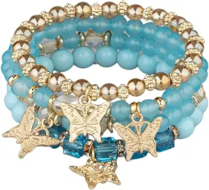 Handmade 4pcs Colorful Butterfly Pendant Stackable Stretch Crystal Stone Beaded Adjustable Bracelet Set Boho Bohemian Summer Beach Sweet Jewelry for Women