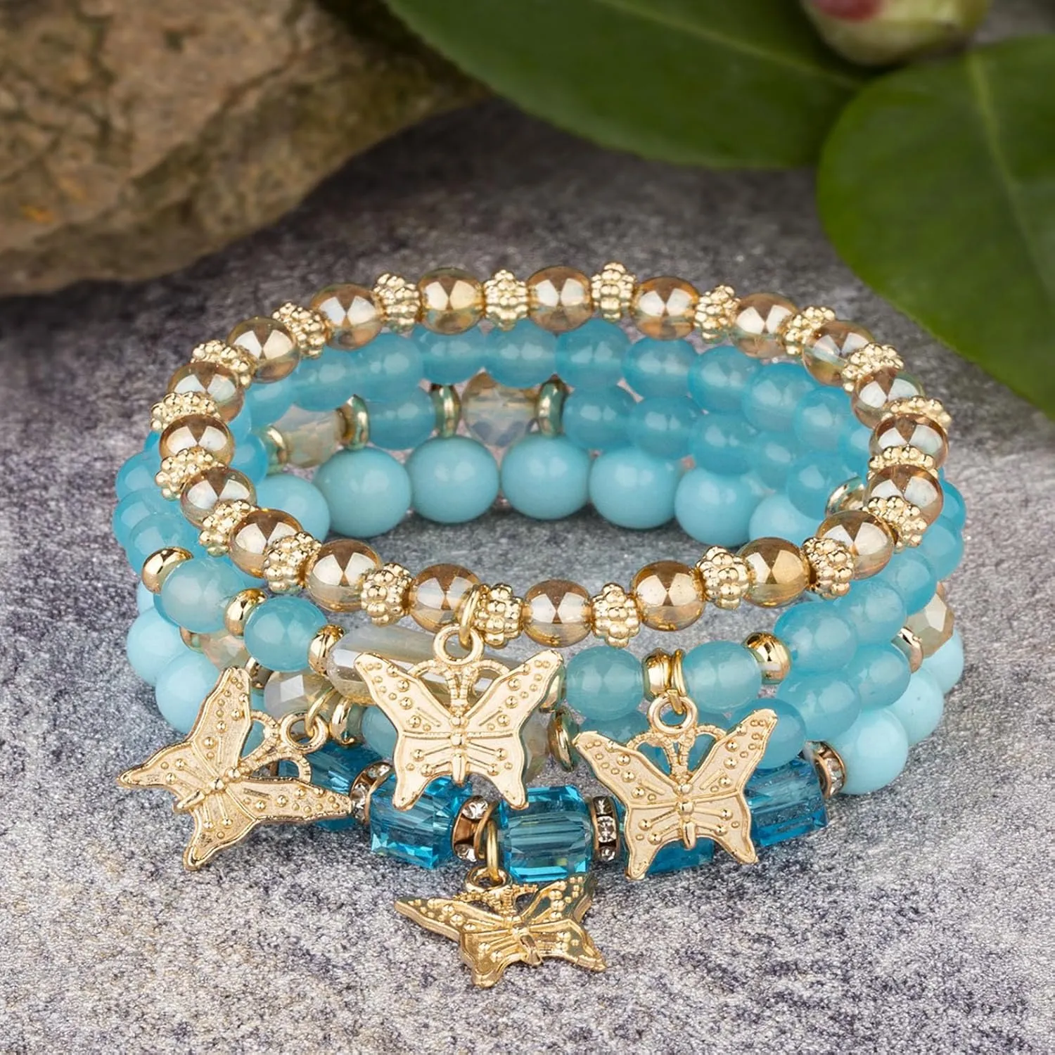 Handmade 4pcs Colorful Butterfly Pendant Stackable Stretch Crystal Stone Beaded Adjustable Bracelet Set Boho Bohemian Summer Beach Sweet Jewelry for Women