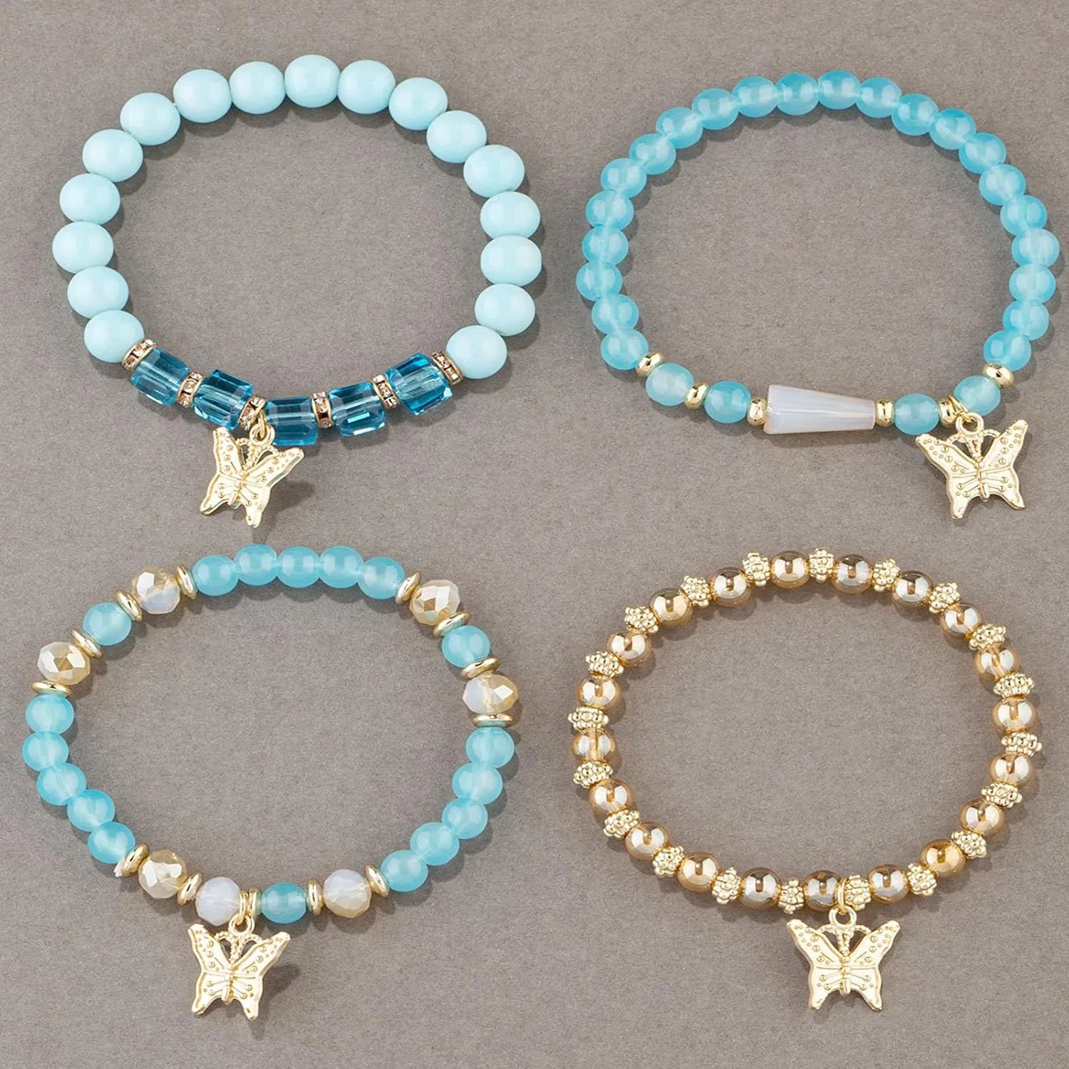 Handmade 4pcs Colorful Butterfly Pendant Stackable Stretch Crystal Stone Beaded Adjustable Bracelet Set Boho Bohemian Summer Beach Sweet Jewelry for Women