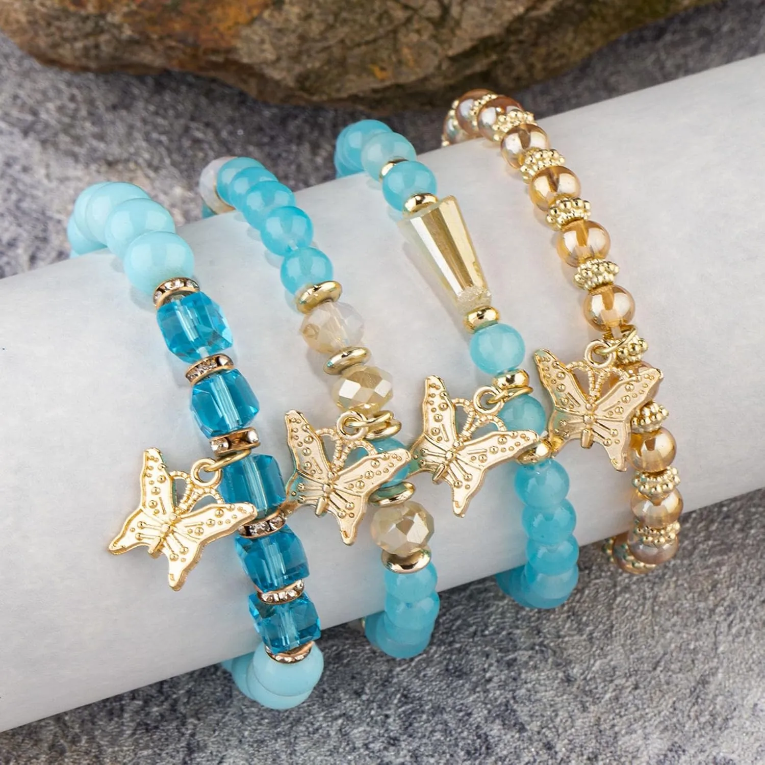 Handmade 4pcs Colorful Butterfly Pendant Stackable Stretch Crystal Stone Beaded Adjustable Bracelet Set Boho Bohemian Summer Beach Sweet Jewelry for Women