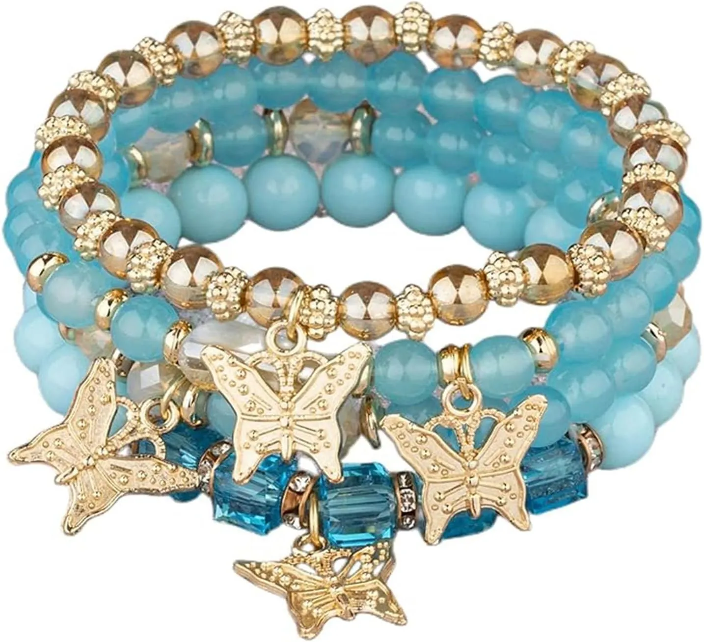 Handmade 4pcs Colorful Butterfly Pendant Stackable Stretch Crystal Stone Beaded Adjustable Bracelet Set Boho Bohemian Summer Beach Sweet Jewelry for Women