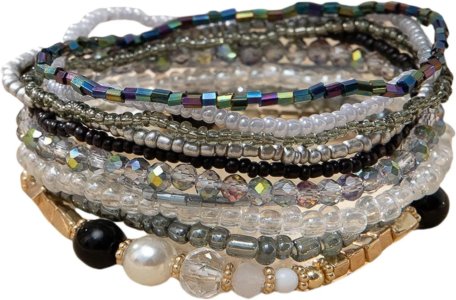 Handmade Bohemian Colorful Crystal Beaded Bracelets Set Multilayered Stackable Boho Stretch Adjustable Bangle Cuff Friendship Summer Beach Jewelry for Women