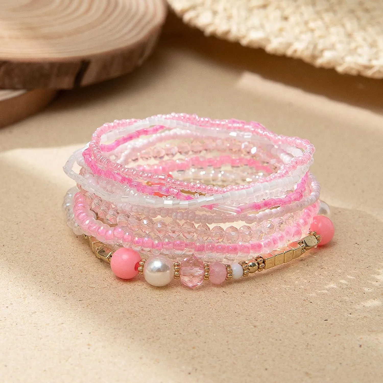 Handmade Bohemian Colorful Crystal Beaded Bracelets Set Multilayered Stackable Boho Stretch Adjustable Bangle Cuff Friendship Summer Beach Jewelry for Women
