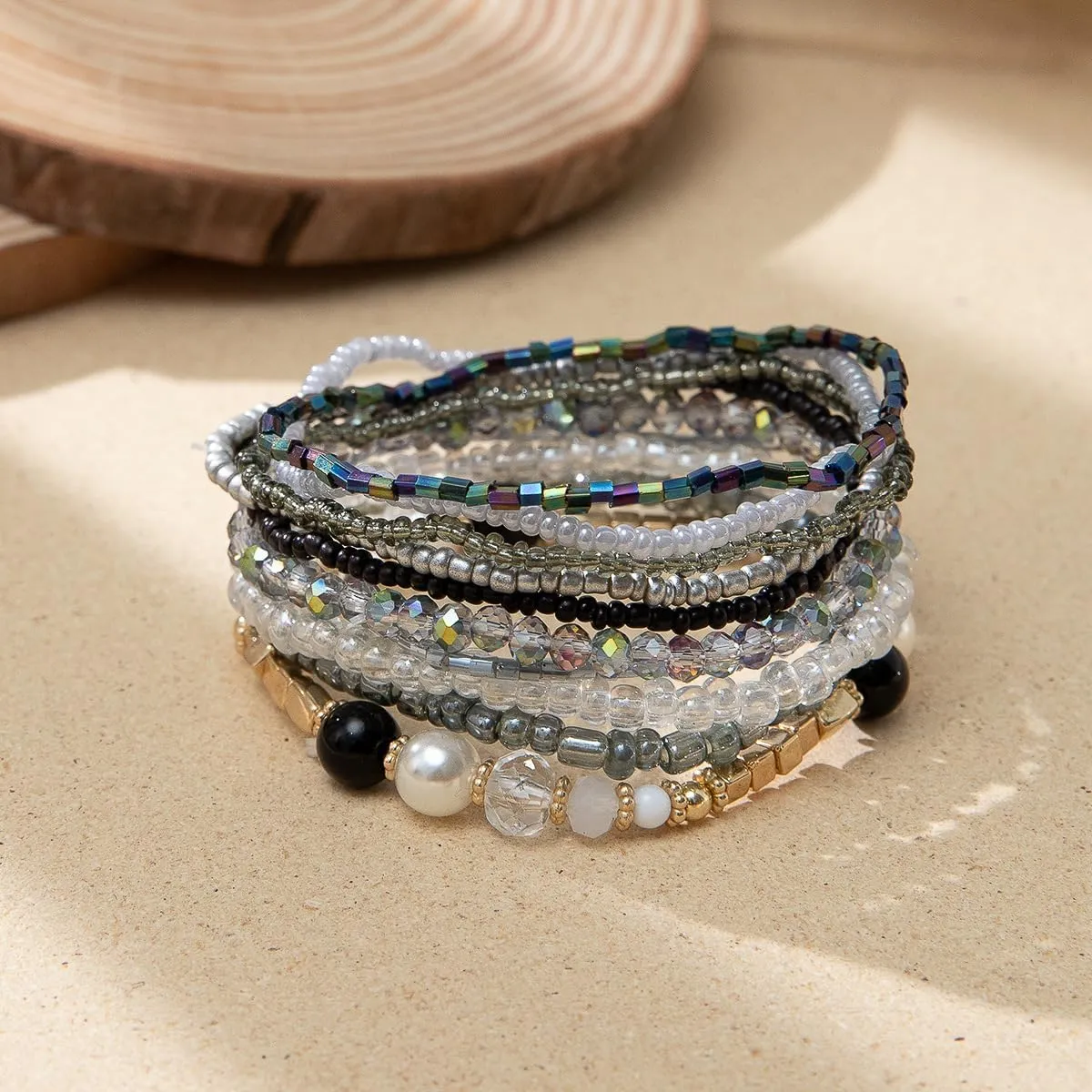 Handmade Bohemian Colorful Crystal Beaded Bracelets Set Multilayered Stackable Boho Stretch Adjustable Bangle Cuff Friendship Summer Beach Jewelry for Women
