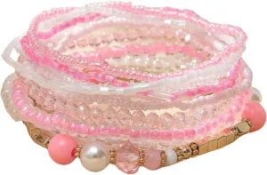 Handmade Bohemian Colorful Crystal Beaded Bracelets Set Multilayered Stackable Boho Stretch Adjustable Bangle Cuff Friendship Summer Beach Jewelry for Women
