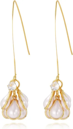 Handmade Bohemian Large Floral Flower Teardrop Pearl Dangle Drop Earrings,Unique Metal Petal Flower Jewelry Statement Trendy Earrings for Women Brides Party Prom
