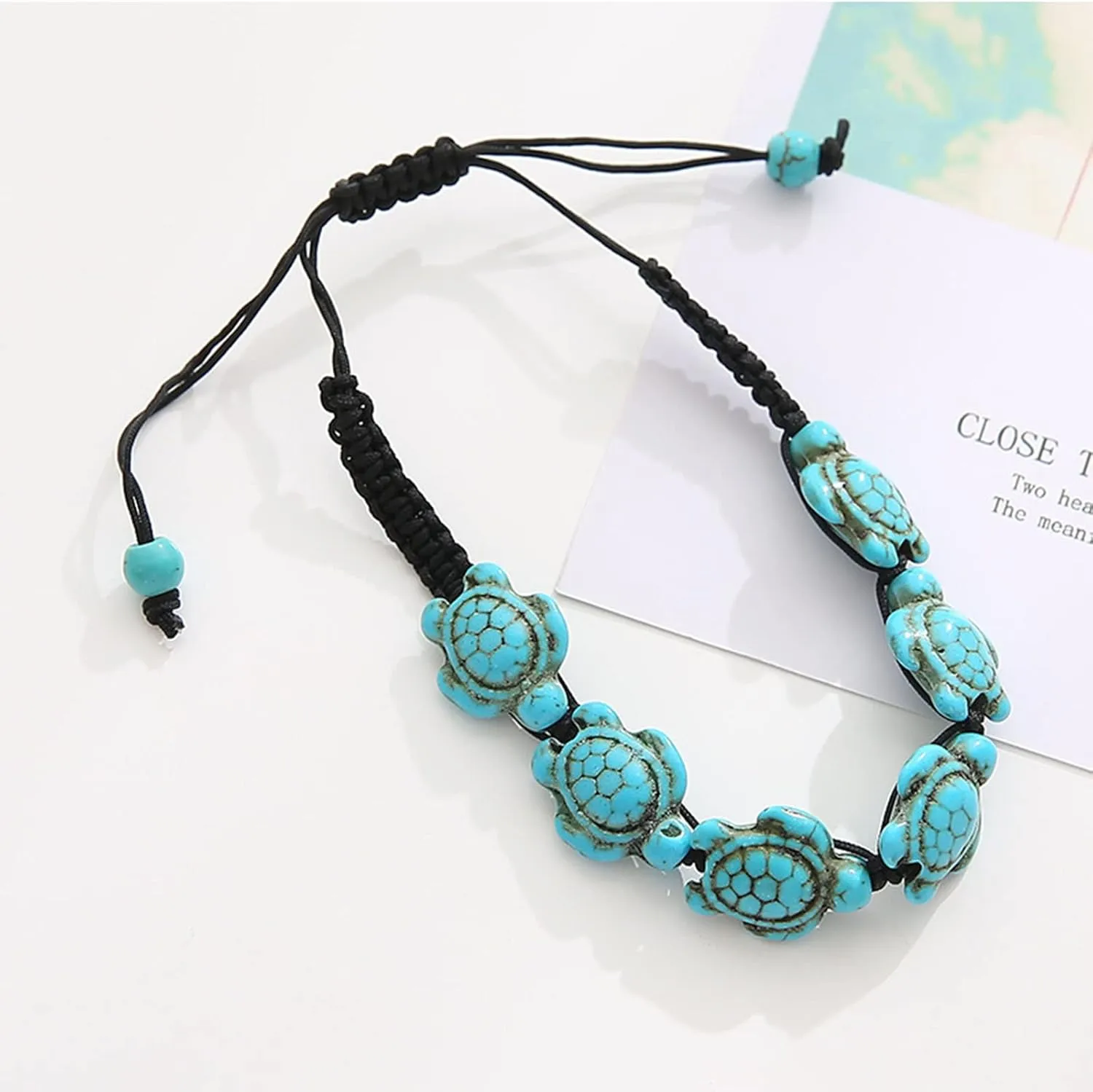 Handmade Bohemian Turquoise Turtle Beads Chain Adjustable Woven Stackable Bracelets Elastic String Stretch Friendship Couple Bangle Jewelry for Women Men