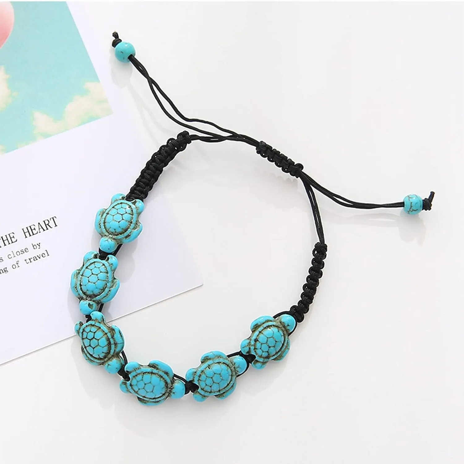 Handmade Bohemian Turquoise Turtle Beads Chain Adjustable Woven Stackable Bracelets Elastic String Stretch Friendship Couple Bangle Jewelry for Women Men