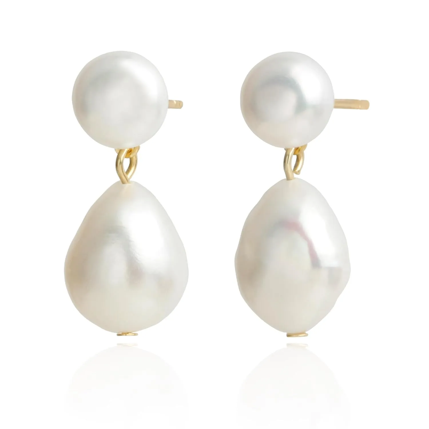 Handmade Freshwater Cultured White Baroque Pearl Dangling Drop Earrings for Women, 14K Gold Plated