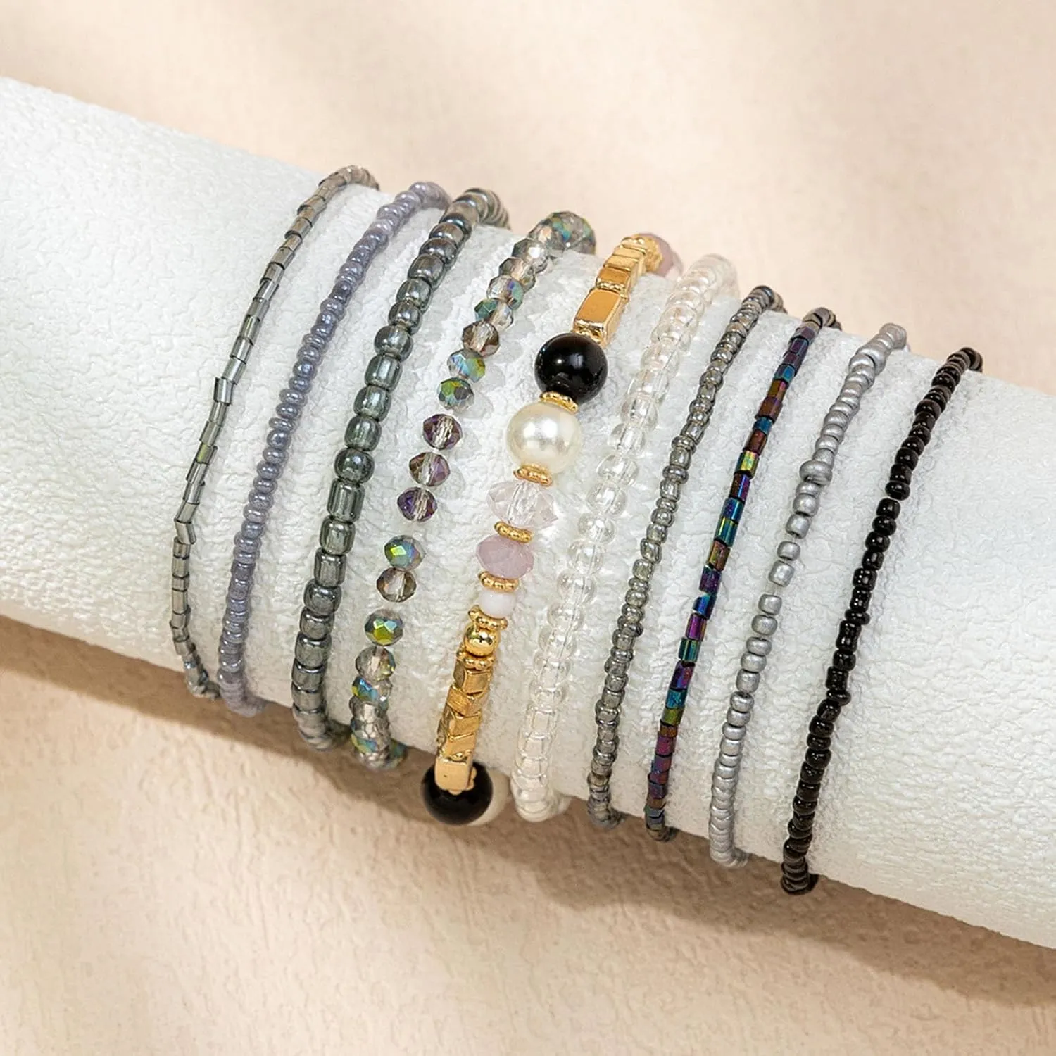 Handmade Multicolor Bohemian Crystal Beaded Bracelets Set Multilayer Stackable Boho Charms Stretch Layered Bead Adjustable Bangles Strand Jewelry for Women