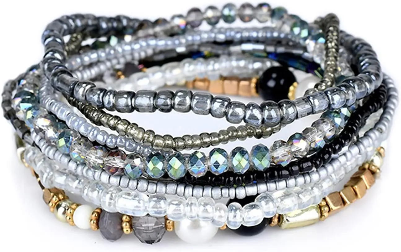 Handmade Multicolor Bohemian Crystal Beaded Bracelets Set Multilayer Stackable Boho Charms Stretch Layered Bead Adjustable Bangles Strand Jewelry for Women
