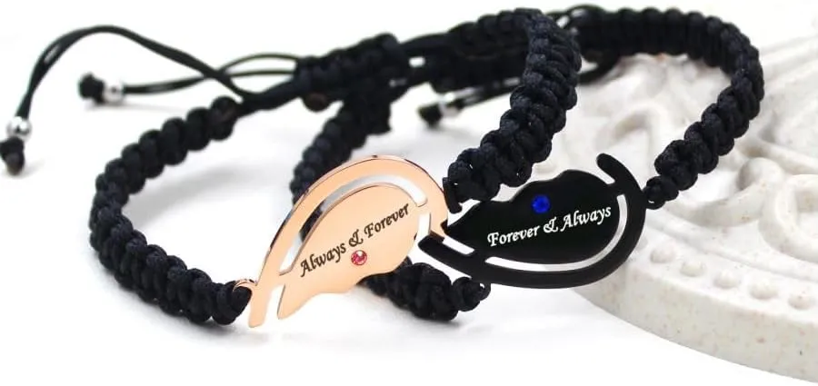 Handmade Pink and Blue Zirconia Puzzle Heart Matching Braided Rope Bracelet, Rose Gold & Black Stainless Steel Always and Forever Bracelets, Personalized ID Couple Jewelry for Men Women Friendship