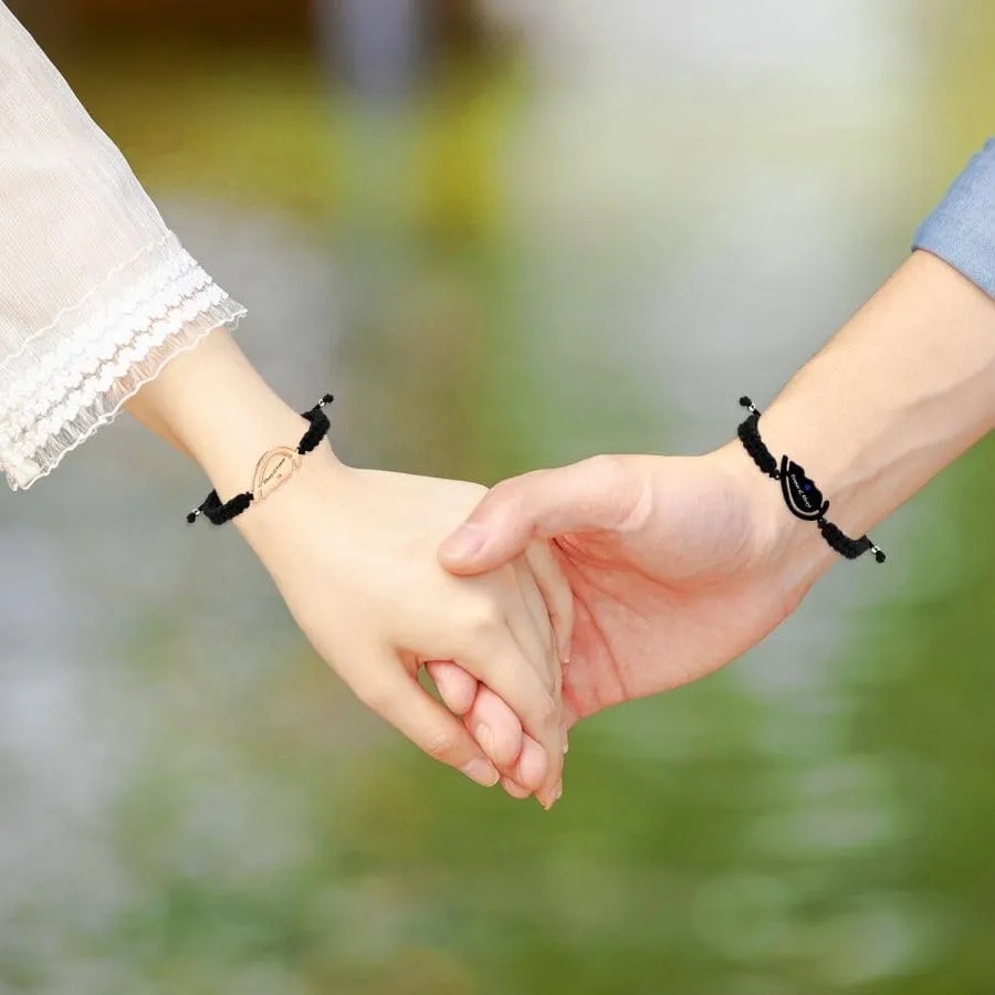 Handmade Pink and Blue Zirconia Puzzle Heart Matching Braided Rope Bracelet, Rose Gold & Black Stainless Steel Always and Forever Bracelets, Personalized ID Couple Jewelry for Men Women Friendship