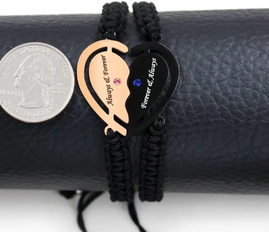 Handmade Pink and Blue Zirconia Puzzle Heart Matching Braided Rope Bracelet, Rose Gold & Black Stainless Steel Always and Forever Bracelets, Personalized ID Couple Jewelry for Men Women Friendship