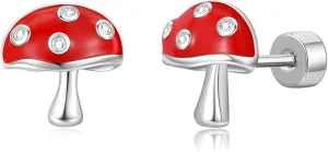 Hanreshe Mushroom Screw Back Earrings for Girls Gold Hypoallergenic Mushroom Crystal Stud Earrings