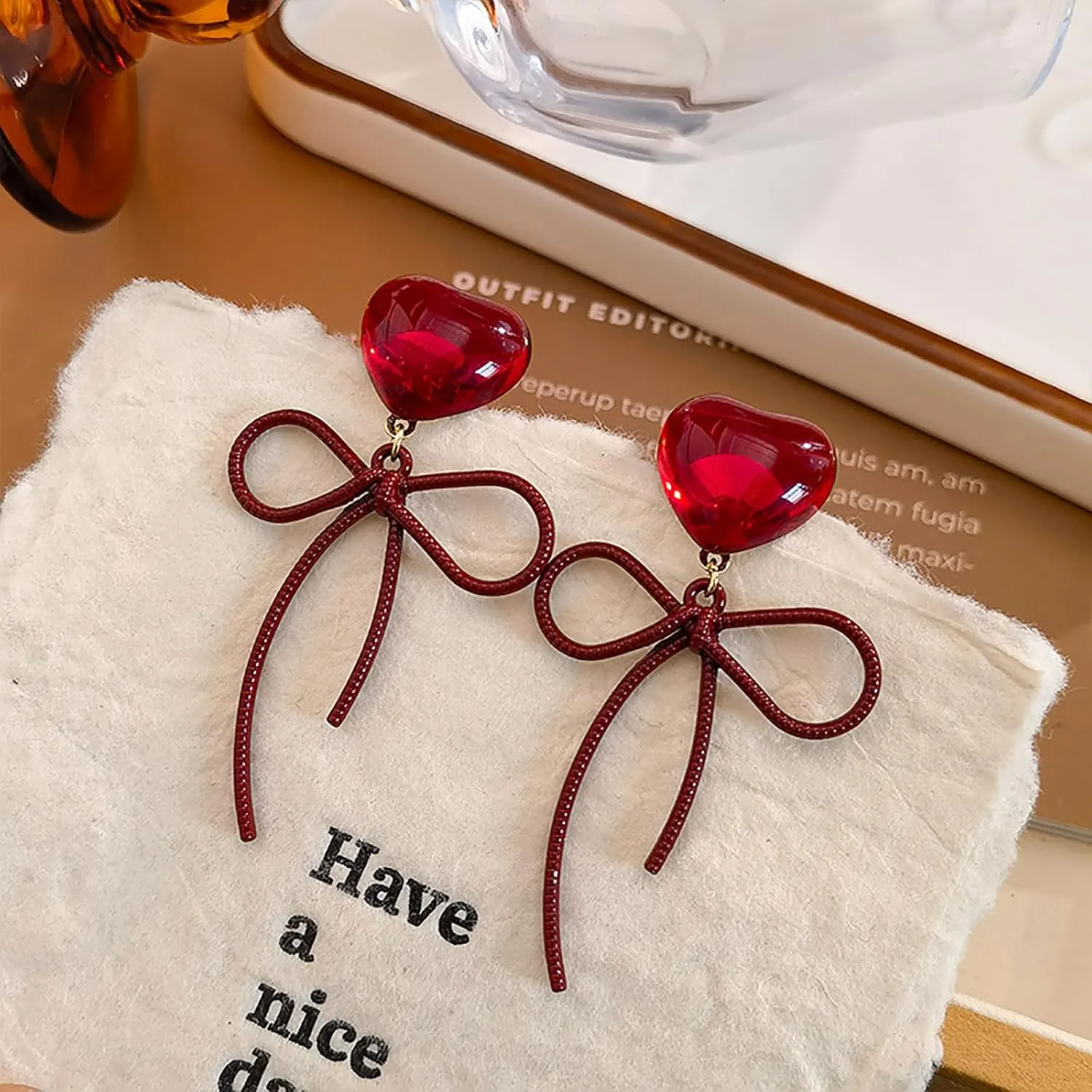Heart Bow Earrings For Women Sweet Bow Stud Earrings Red Heart Dangle Earring Valentine's Day Jewelry