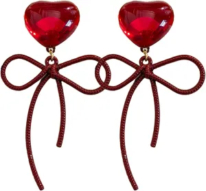 Heart Bow Earrings For Women Sweet Bow Stud Earrings Red Heart Dangle Earring Valentine's Day Jewelry