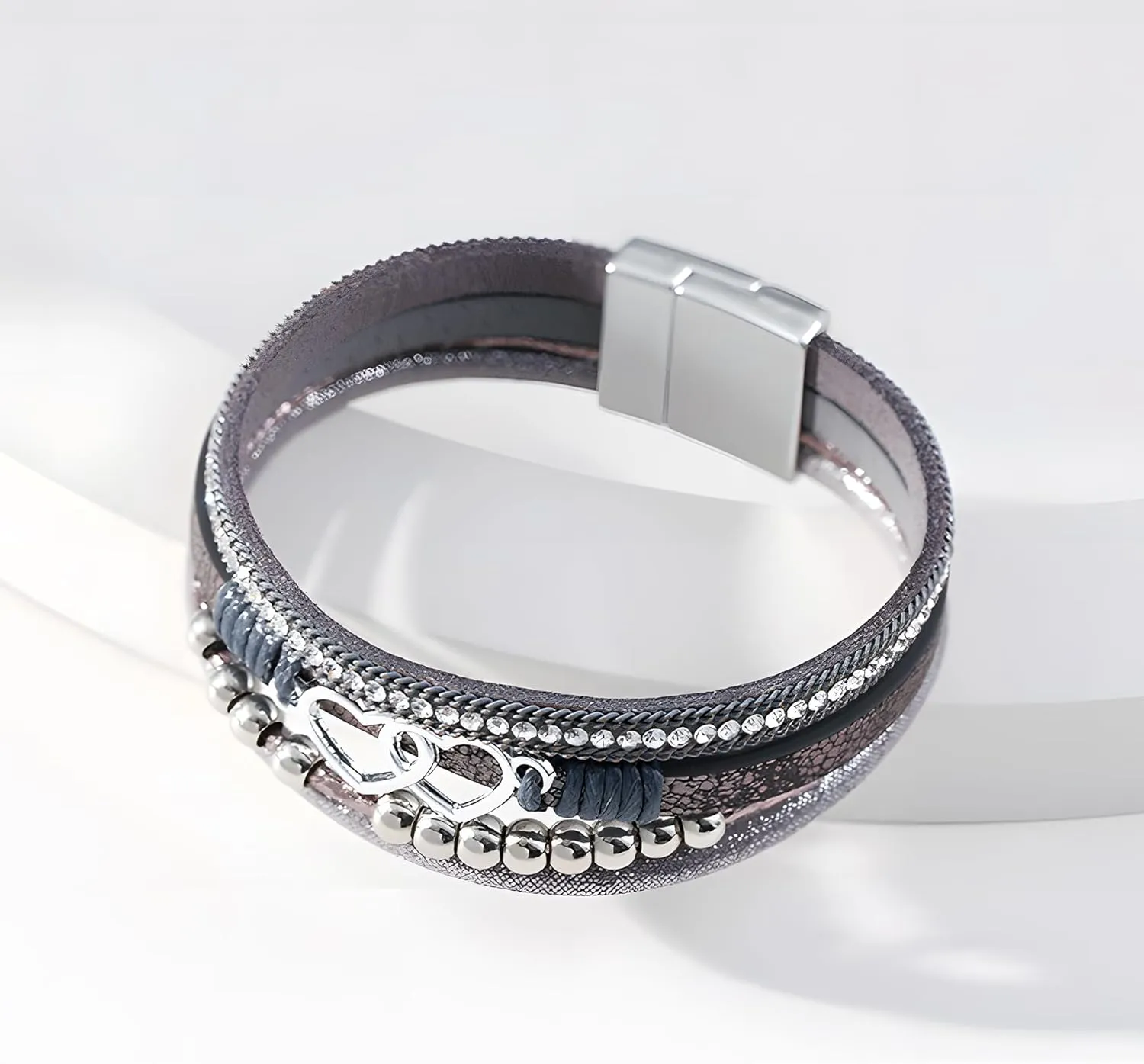 Heart Wrap Leather Bracelets for Women, Multi-Layer Boho Cuff Bangle with Pearl Crystal Beads Chain Stackable Bangles Anniversary Mother's Day Birthday Christmas Jewelry Gifts for Her