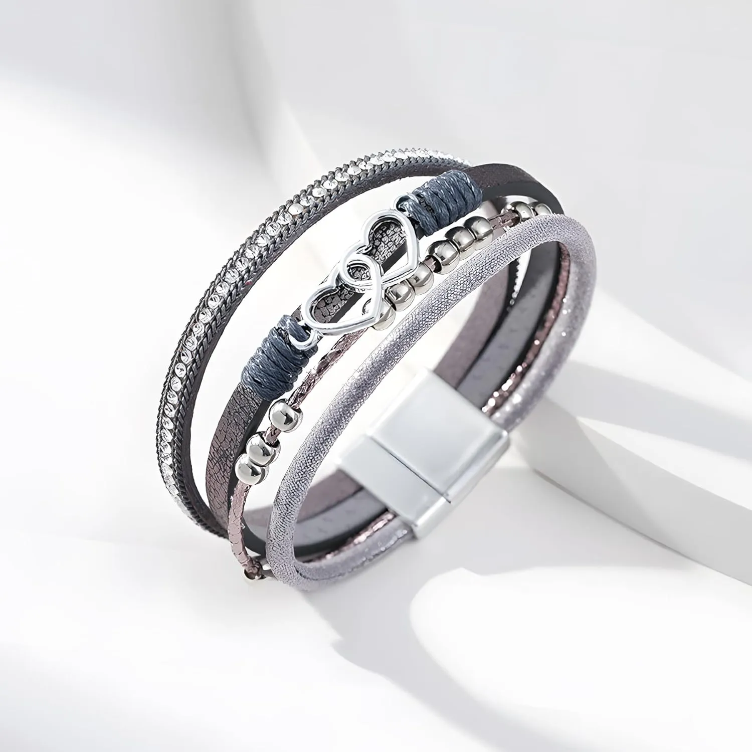 Heart Wrap Leather Bracelets for Women, Multi-Layer Boho Cuff Bangle with Pearl Crystal Beads Chain Stackable Bangles Anniversary Mother's Day Birthday Christmas Jewelry Gifts for Her