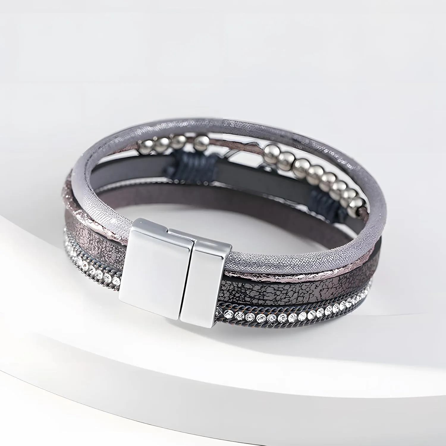 Heart Wrap Leather Bracelets for Women, Multi-Layer Boho Cuff Bangle with Pearl Crystal Beads Chain Stackable Bangles Anniversary Mother's Day Birthday Christmas Jewelry Gifts for Her